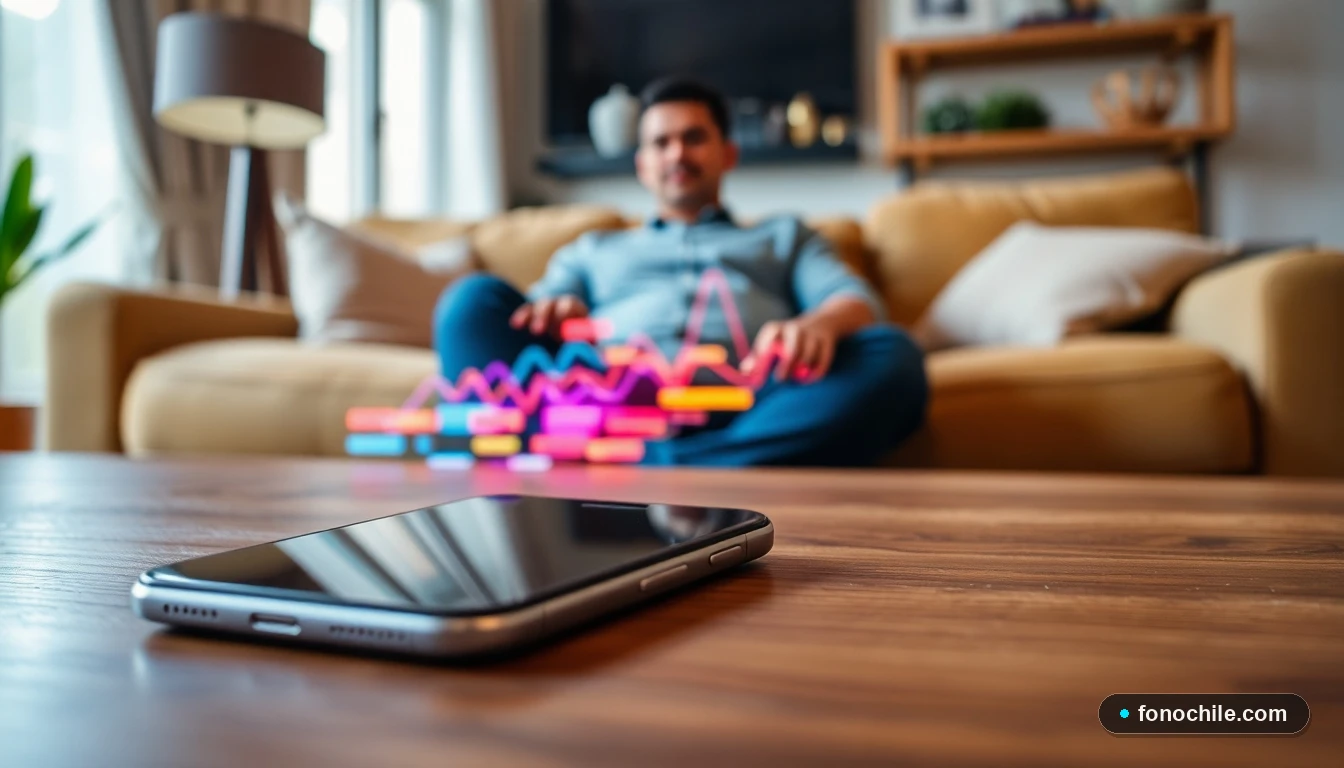 Smartphone mostrando gráficos abstractos de datos y ofertas de telecomunicaciones en un entorno hogareño.