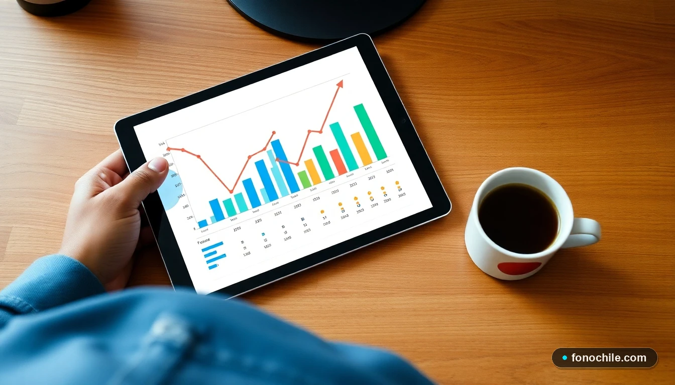 Gráfico abstracto de crecimiento mostrando tendencias positivas de promociones y ofertas en una tablet sobre escritorio.