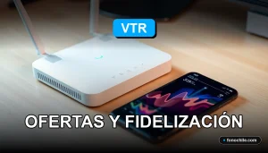 Oferta de fidelización para clientes antiguos de VTR en 2026. Moderno router y teléfono inteligente sobre escritorio de madera.