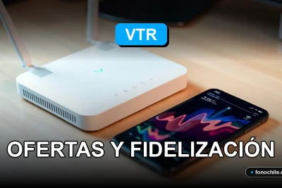 Oferta de fidelización para clientes antiguos de VTR en 2026. Moderno router y teléfono inteligente sobre escritorio de madera.
