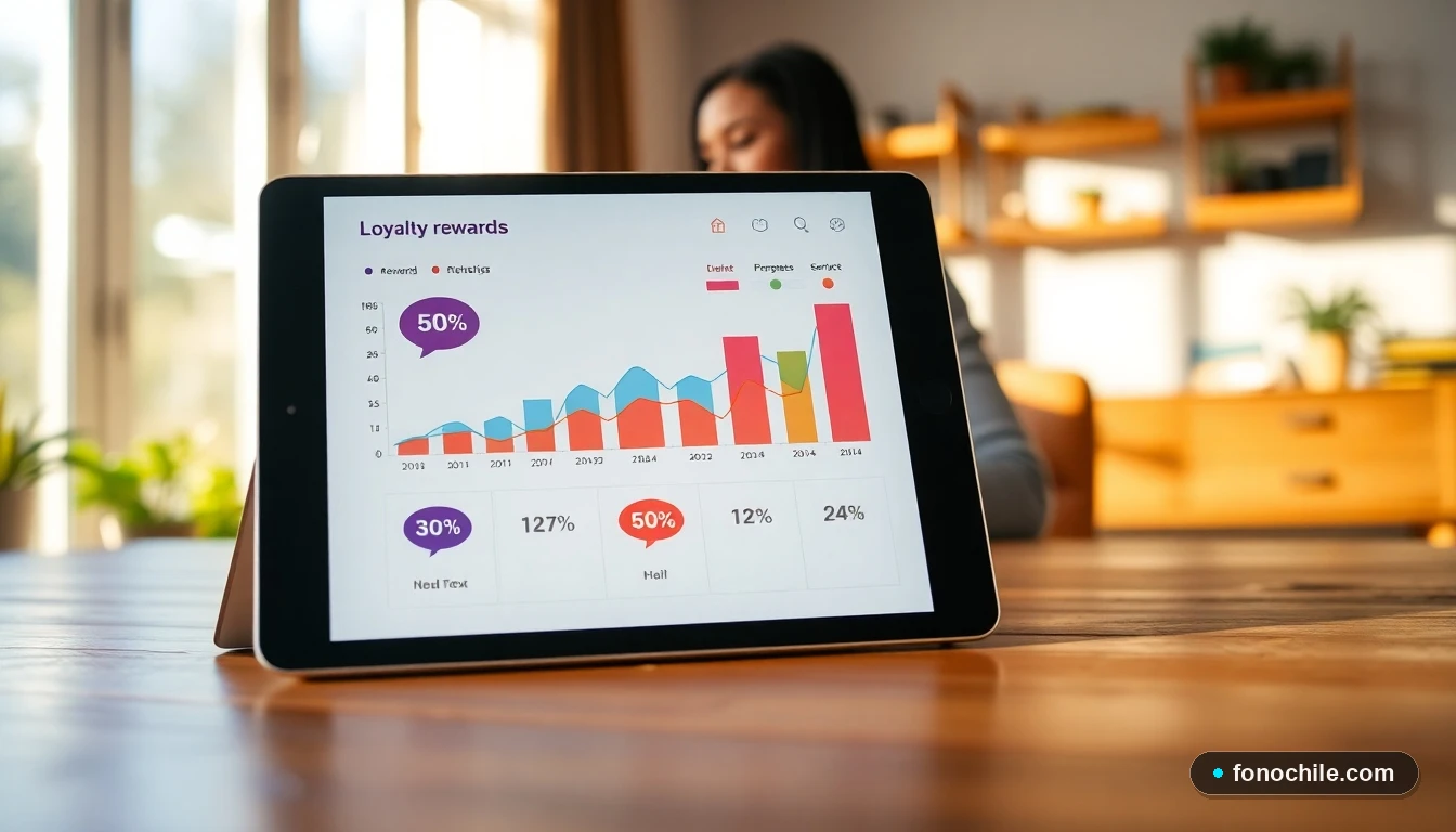 Gráfico abstracto y colorido mostrando beneficios y porcentajes de descuento de un programa de fidelización para clientes de telecomunicaciones.