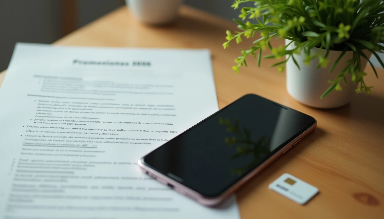 Smartphone y chip WOM sobre escritorio con documento de promociones para el año 2026.