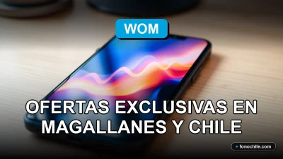 Un teléfono inteligente moderno sobre un escritorio de madera, mostrando gráficos abstractos de colores en su pantalla, representando las promociones exclusivas de WOM en la región de Magallanes.
