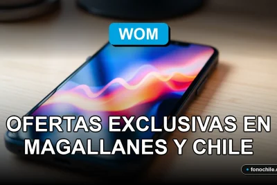 Un teléfono inteligente moderno sobre un escritorio de madera, mostrando gráficos abstractos de colores en su pantalla, representando las promociones exclusivas de WOM en la región de Magallanes.