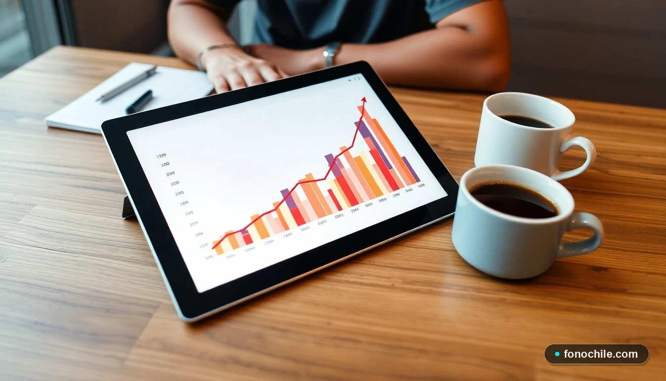 Gráfico abstracto de colores mostrando tendencia alcista de promociones y ofertas en una tableta sobre mesa de madera.