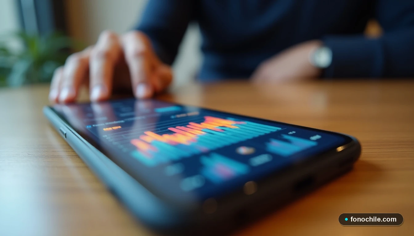 Gráficos abstractos de colores mostrando tendencias de promociones y saldo en un teléfono inteligente sobre una mesa.