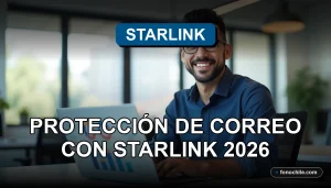 Un hombre hispano sonríe con confianza en una oficina moderna, con un portátil Starlink mostrando gráficos abstractos en el escritorio.