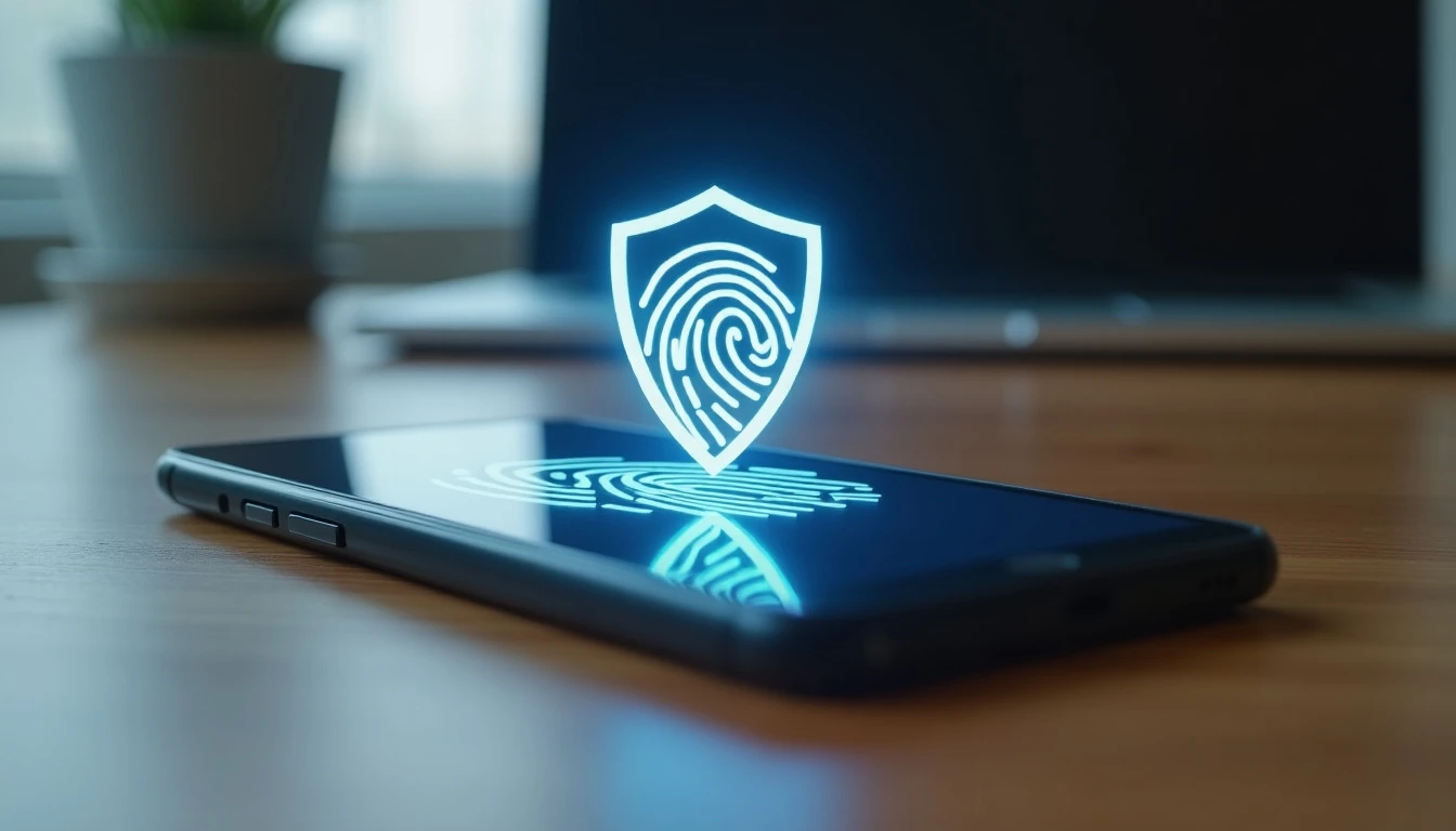 Smartphone moderno mostrando un icono de escudo de seguridad superpuesto sobre un escaneo de huella digital en su pantalla.