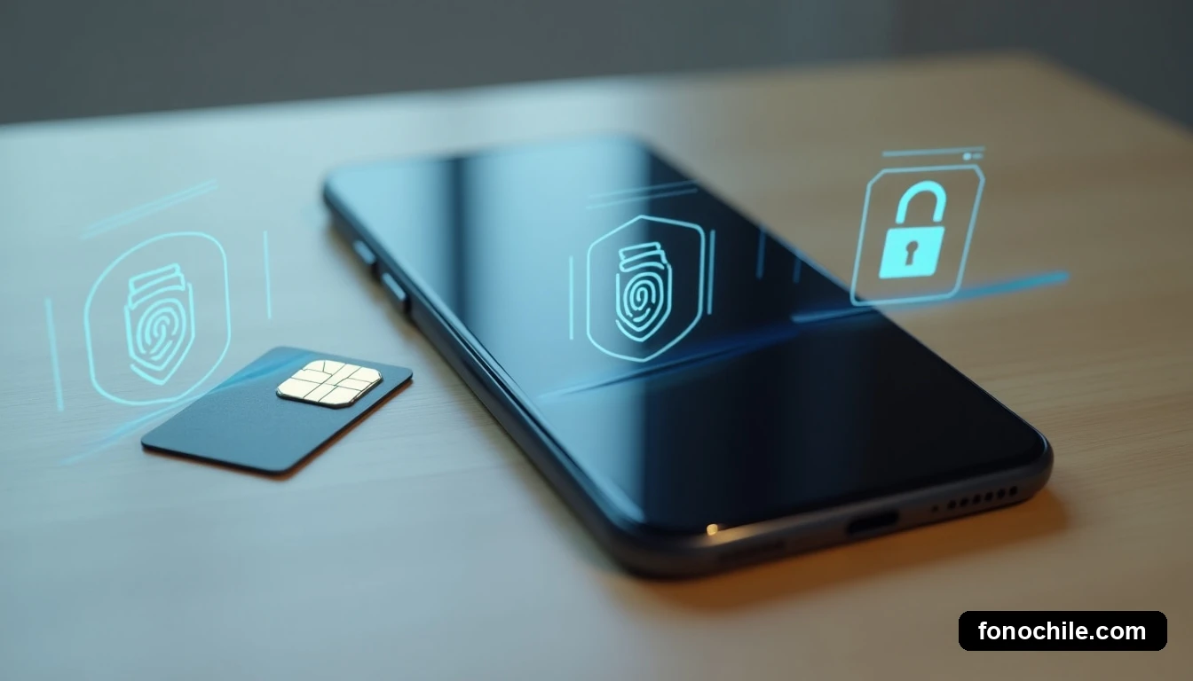 Disposición aérea de un teléfono inteligente y una tarjeta SIM sobre una mesa de madera, con iconos holográficos de un escudo y una huella digital proyectados alrededor. Concepto de seguridad de datos y hardware protegido.