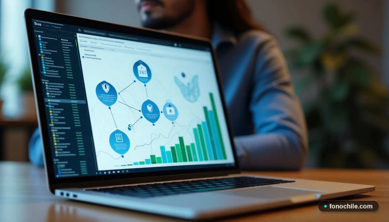 Laptop mostrando gráficos abstractos de seguridad y flujo de datos en una conexión de fibra óptica.