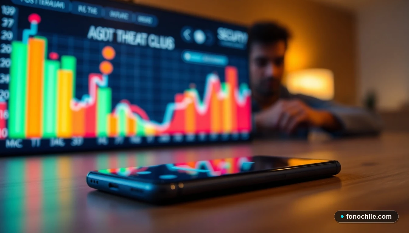 Gráficos abstractos de colores mostrando niveles de amenazas de seguridad en un teléfono Android, sobre una mesa de madera.