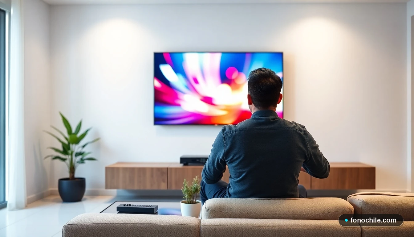 Hombre hispano viendo televisión de pago en su sala de estar moderna en Chile, con gráficos abstractos en pantalla.