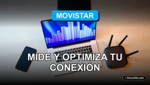 Prueba de velocidad de internet Movistar en un escritorio moderno con gráficos de datos abstractos en una pantalla.