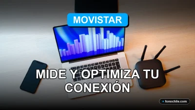 Prueba de velocidad de internet Movistar en un escritorio moderno con gráficos de datos abstractos en una pantalla.