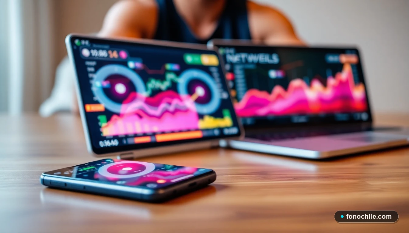 Dispositivos mostrando gráficos abstractos de resultados de una prueba de velocidad de internet en el hogar.