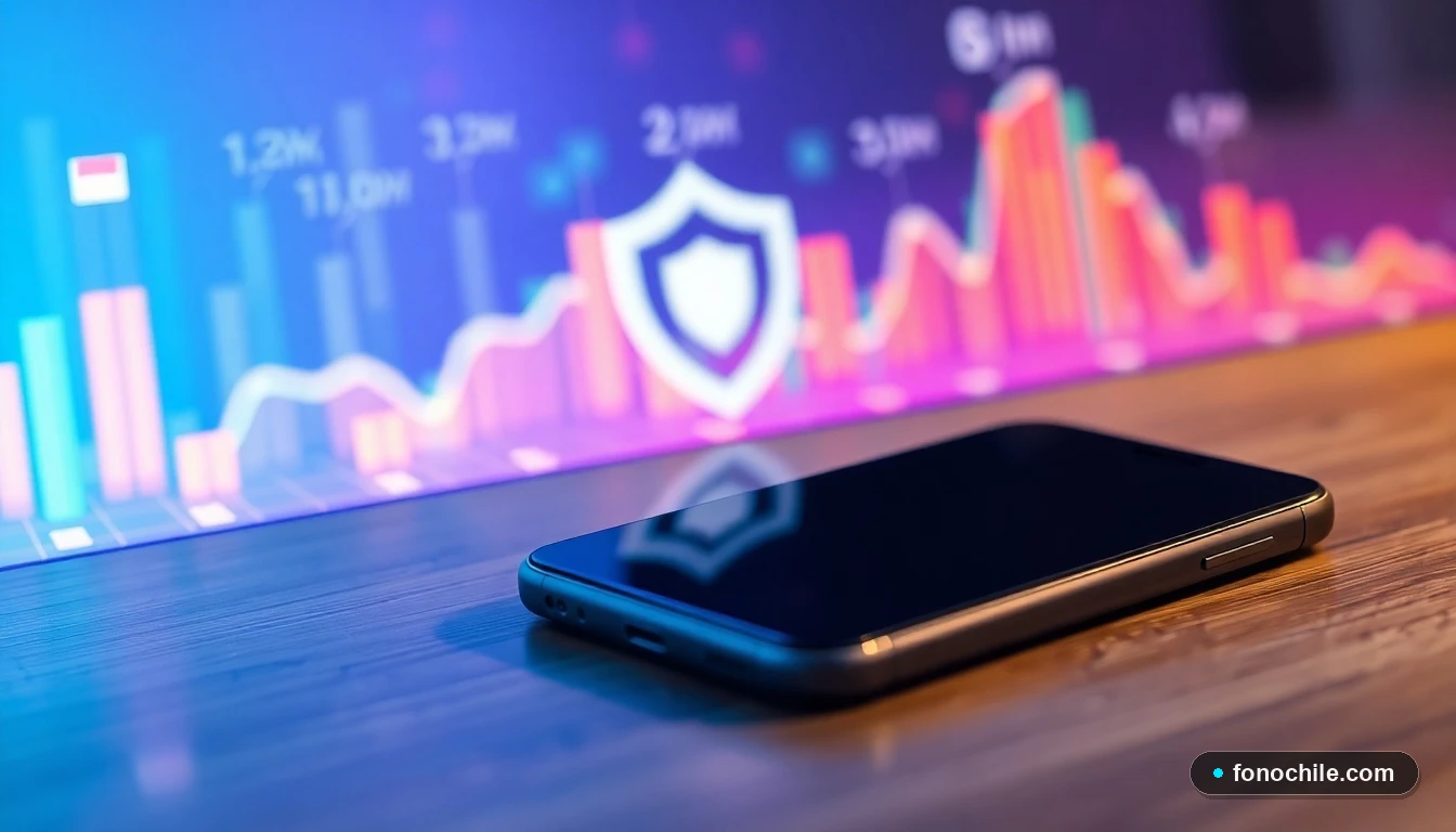 Gráfico abstracto de seguridad digital con un teléfono inteligente sobre una mesa, representando la protección del IMEI.