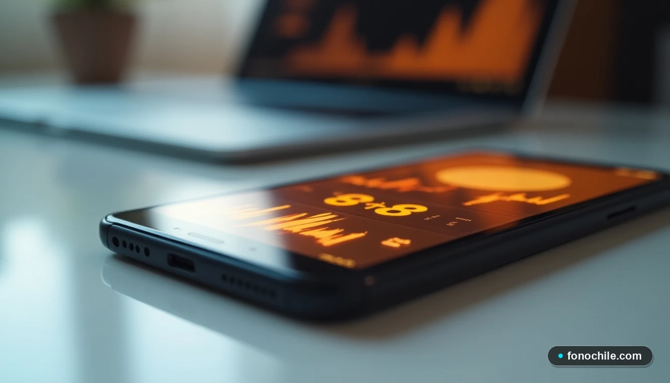 Tecnología de identificación de llamadas mostrada en una interfaz abstracta color ámbar y oro