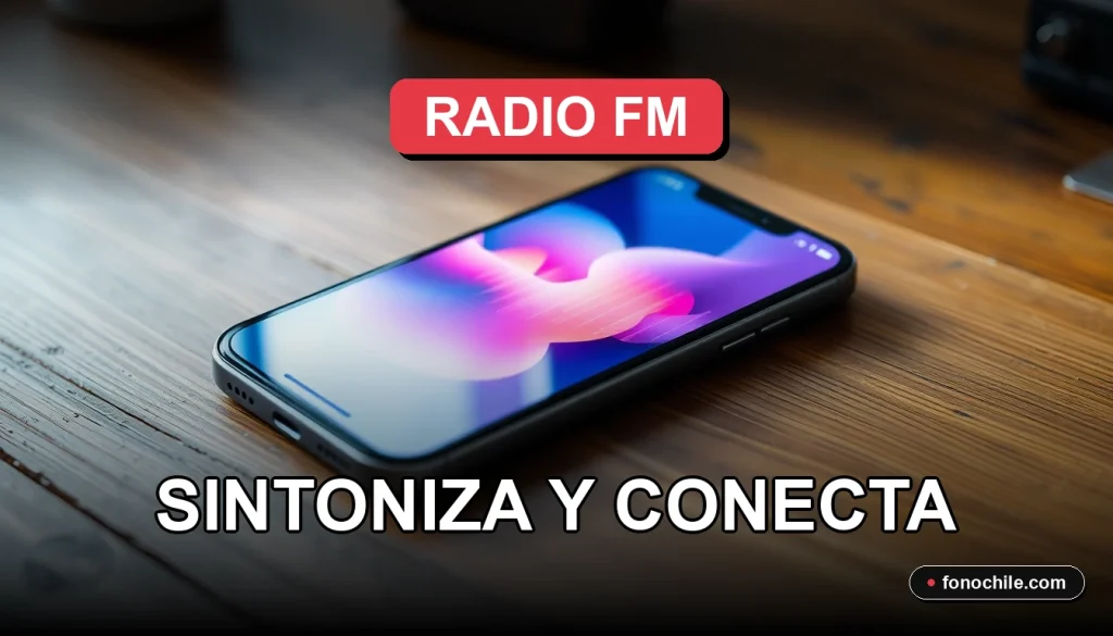 Un smartphone moderno sobre una mesa de madera, su pantalla muestra gráficos de audio abstractos y coloridos, representando la sintonía de una estación de radio FM en Chile.