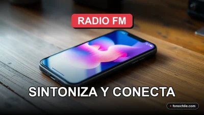 Un smartphone moderno sobre una mesa de madera, su pantalla muestra gráficos de audio abstractos y coloridos, representando la sintonía de una estación de radio FM en Chile.