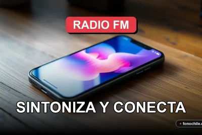 Un smartphone moderno sobre una mesa de madera, su pantalla muestra gráficos de audio abstractos y coloridos, representando la sintonía de una estación de radio FM en Chile.