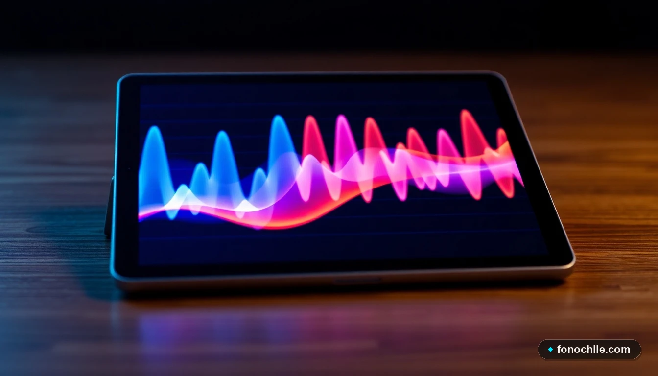 Visualización abstracta y colorida de ondas de radio FM, mostrando la modulación de frecuencia en una tableta.