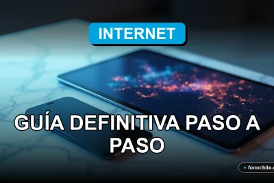 Guía para rastrear un teléfono móvil en Chile mostrada en una pantalla con gráficos abstractos, sobre una mesa de trabajo minimalista.