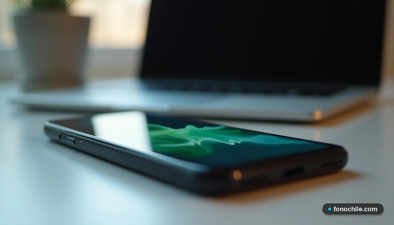 Primer plano de un smartphone mostrando una interfaz genérica de localización con gráficos, en un entorno de oficina moderna y despejada.