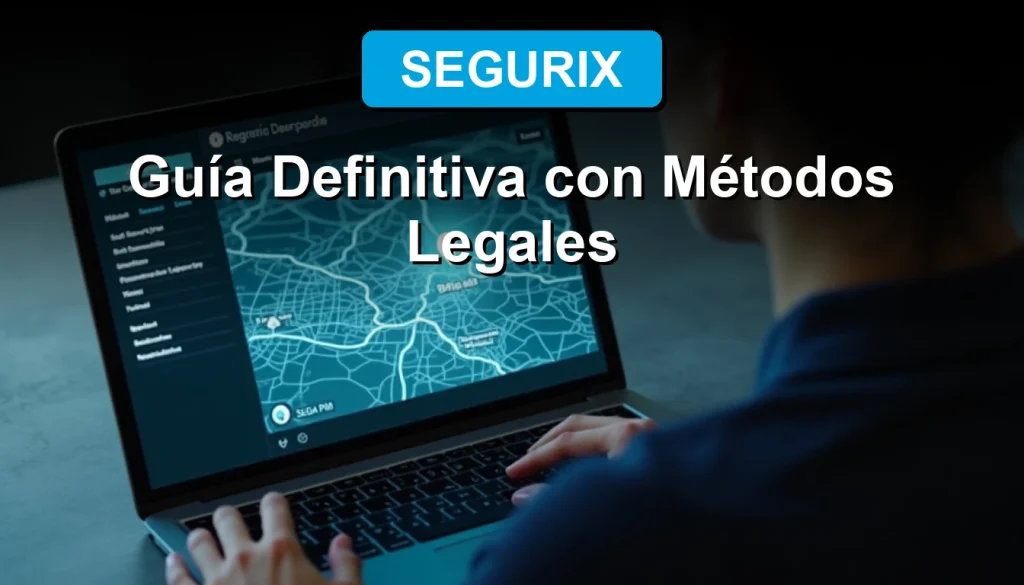 Aplicación de rastreo de celular SEGURIX mostrando un mapa digital de Chile con un punto de ubicación preciso en Santiago, en una tableta moderna sobre un escritorio de diseño minimalista.