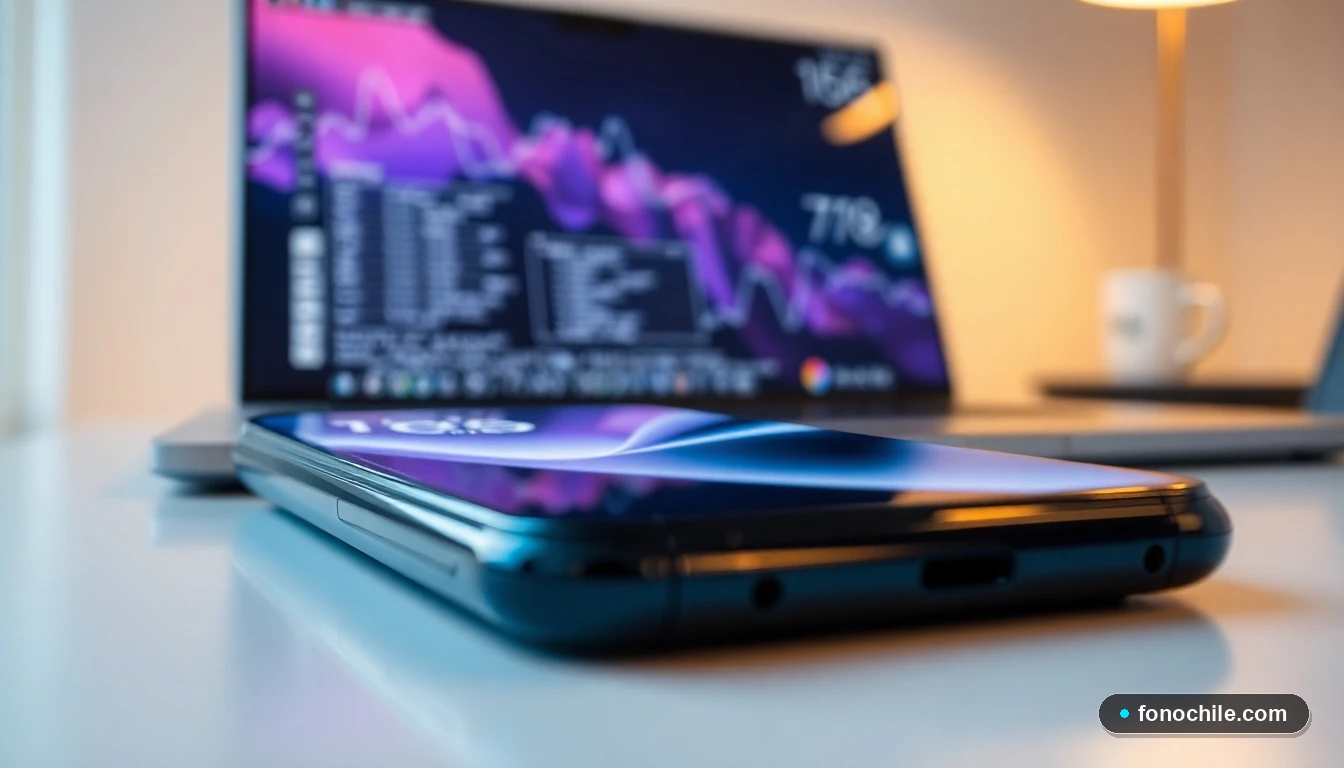 Ángulo lateral de un smartphone y una laptop mostrando interfaces genéricas, concepto de localización y datos.