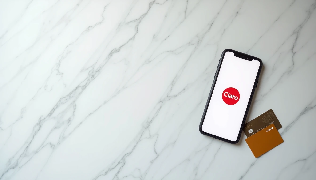 Smartphone con logo de Claro Chile, tarjeta de crédito y tarjeta digital de regalo para recarga, dispuestos sobre una superficie de mármol gris claro.