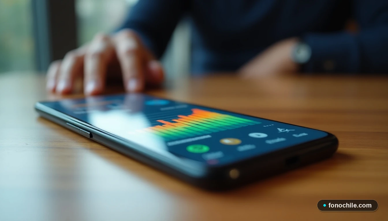 Smartphone mostrando gráficos de datos abstractos y coloridos sobre recargas móviles en Chile.