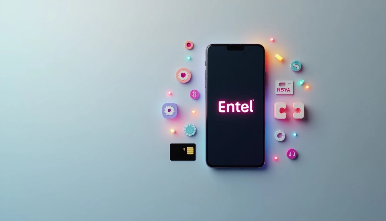Smartphone con logo Entel y elementos de recarga prepago en fondo gris claro