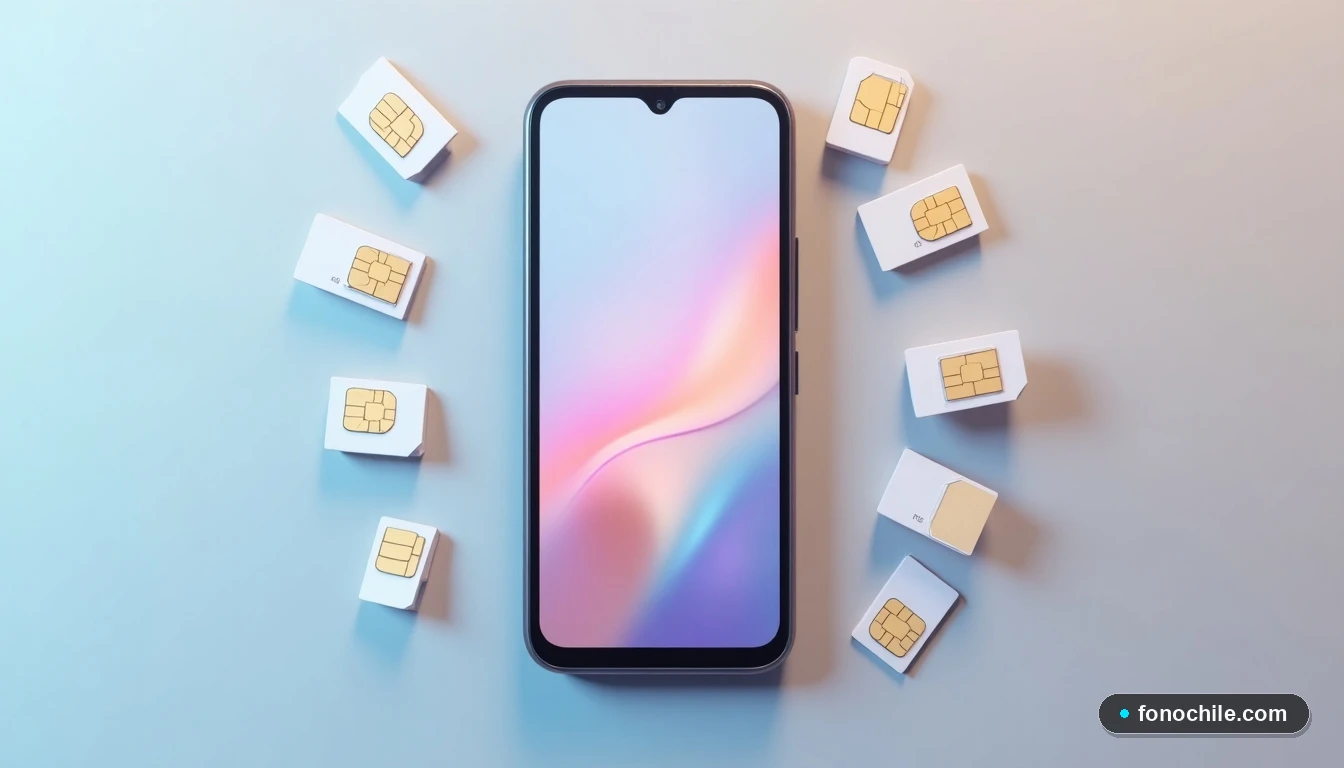 Vista superior de un teléfono inteligente y tarjetas SIM en disposición artística, mostrando una interfaz genérica, para la guía de recargas Entel 2026.
