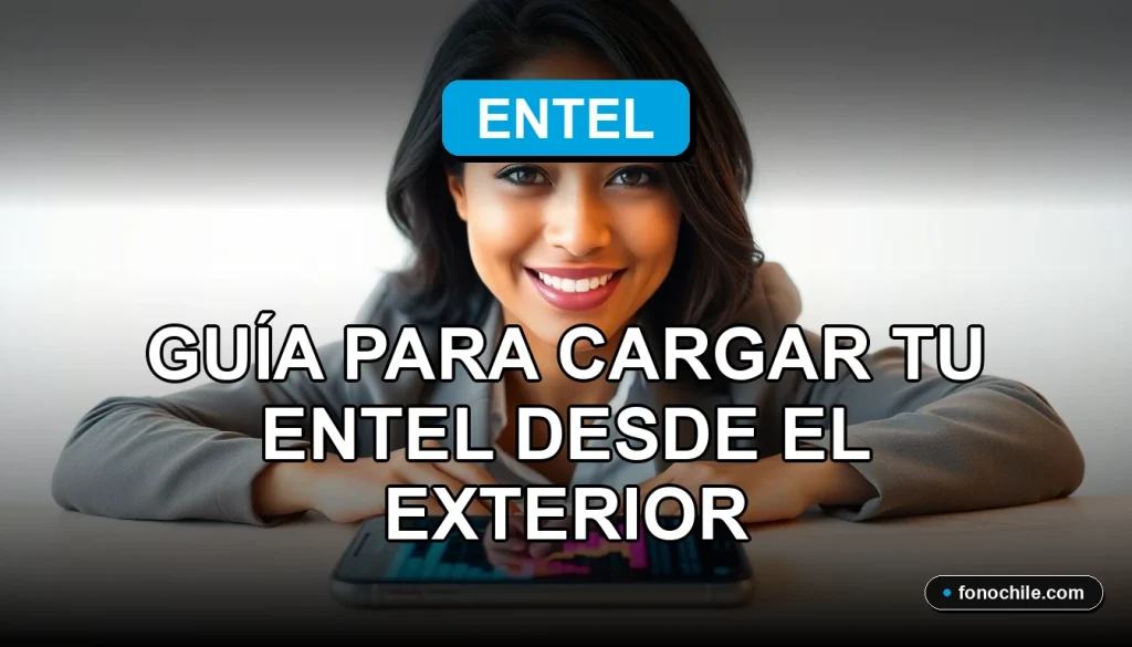 Mujer latina sonriente usando su teléfono móvil con una pantalla de gráficos abstractos, representando la facilidad de recargar una línea Entel desde el extranjero.