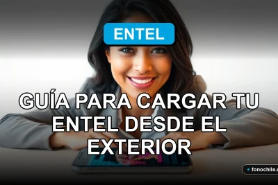 Mujer latina sonriente usando su teléfono móvil con una pantalla de gráficos abstractos, representando la facilidad de recargar una línea Entel desde el extranjero.