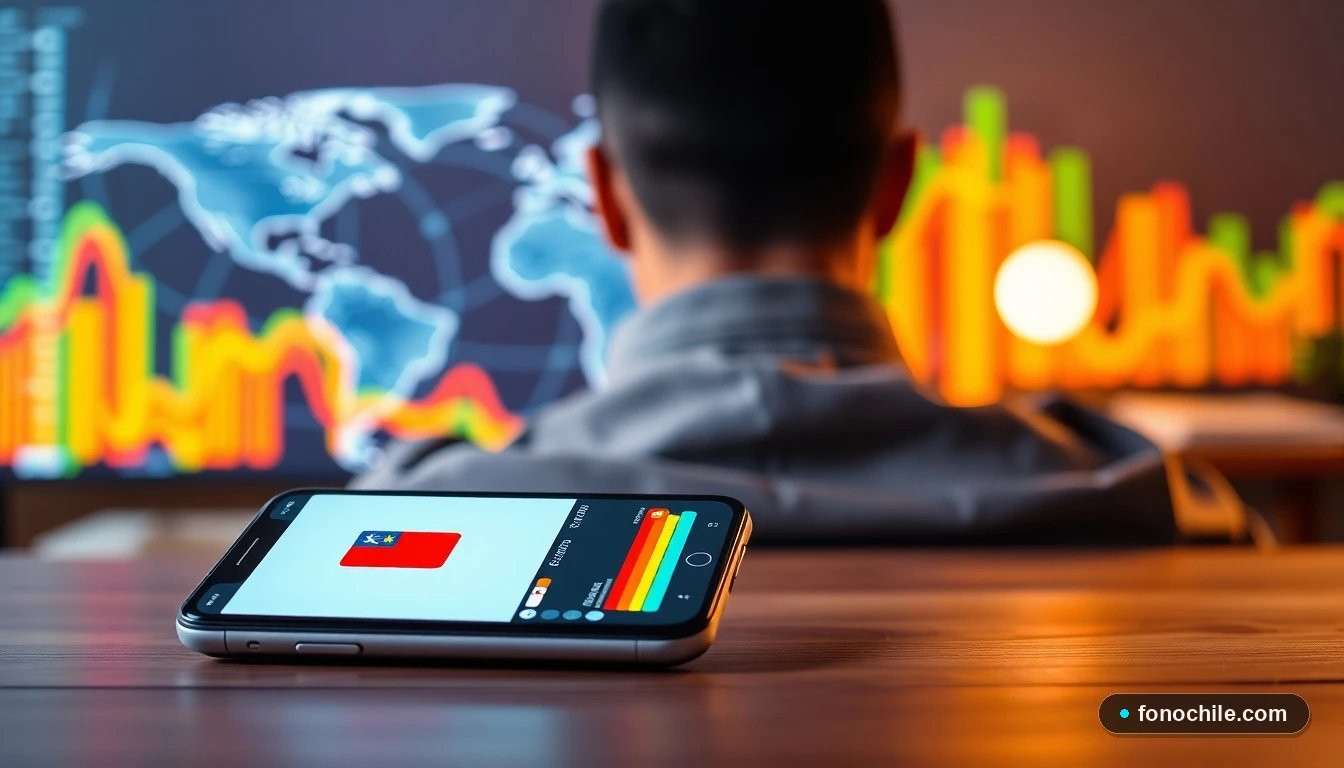 Gráfico abstracto de conectividad internacional junto a un teléfono móvil con una SIM chilena, mostrando el proceso de recarga desde el extranjero.