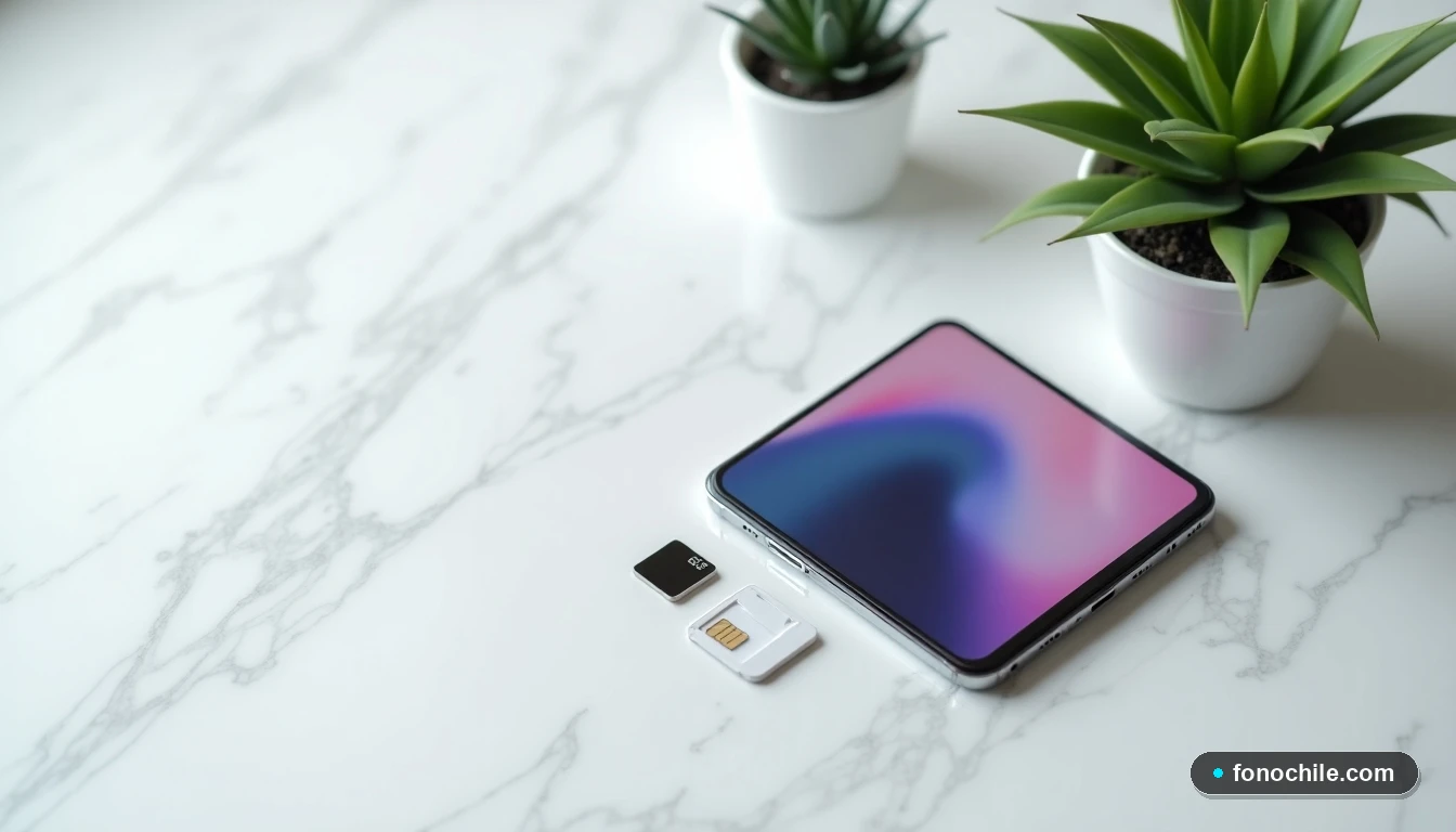 Vista superior de un teléfono y una tarjeta SIM sobre mármol, mostrando la facilidad de gestión de tu línea Movistar.