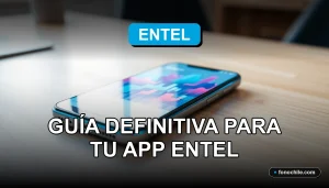 Pantalla de la aplicación Entel mostrando gráficos de colores, con un teléfono inteligente moderno sobre un escritorio de madera clara.