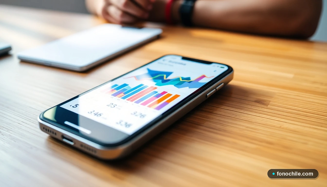 Pantalla de smartphone mostrando gráficos abstractos de datos de una aplicación de telecomunicaciones.