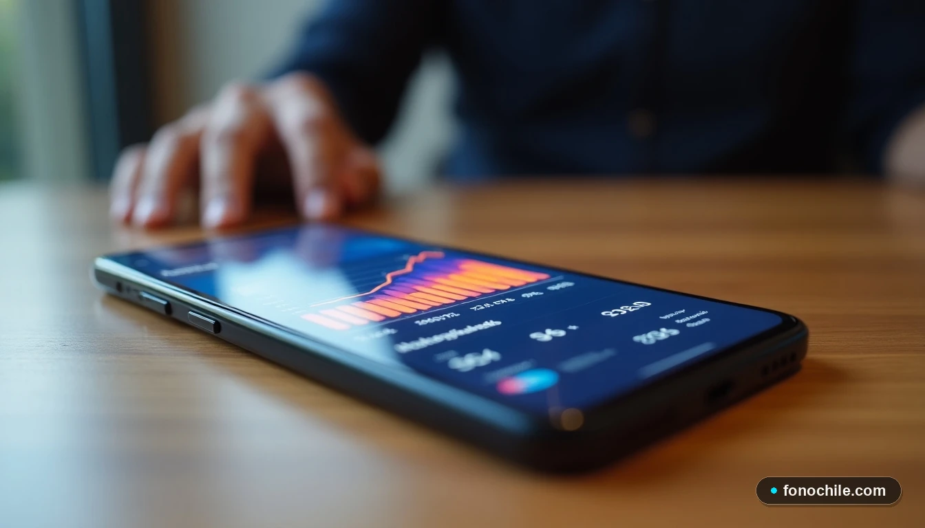 Smartphone mostrando una transacción exitosa de recarga de saldo como regalo con gráficos de datos coloridos.