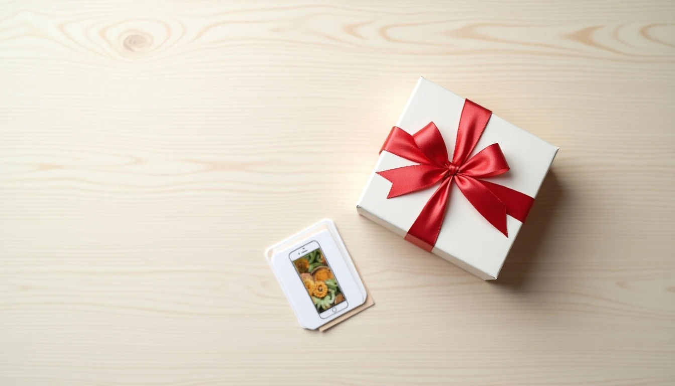 Concepto visual de una recarga regalo para celular: un teléfono en caja con moño y una tarjeta de regalo digital.
