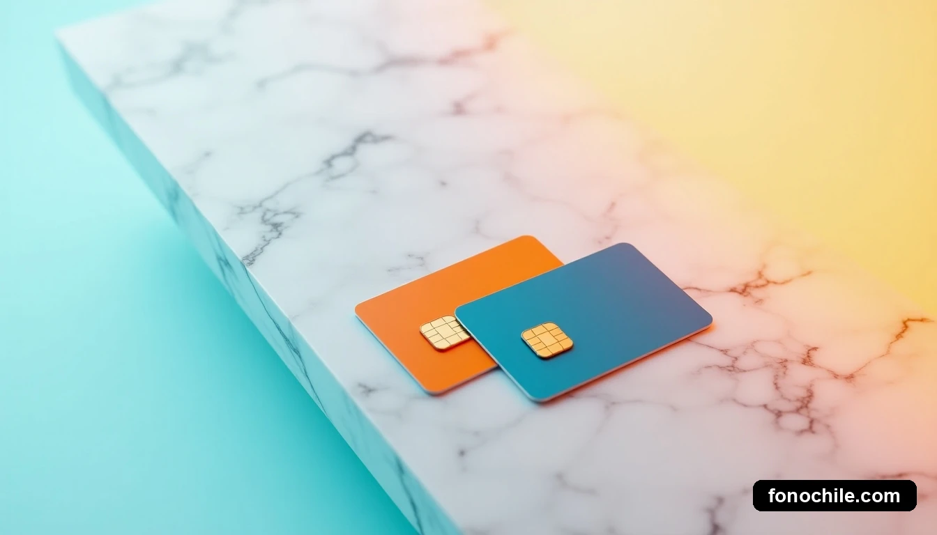 Vista aérea de dos chips prepago de colores naranja y azul sobre mármol blanco, con un reflejo de gráficos abstractos de colores entre ellos.