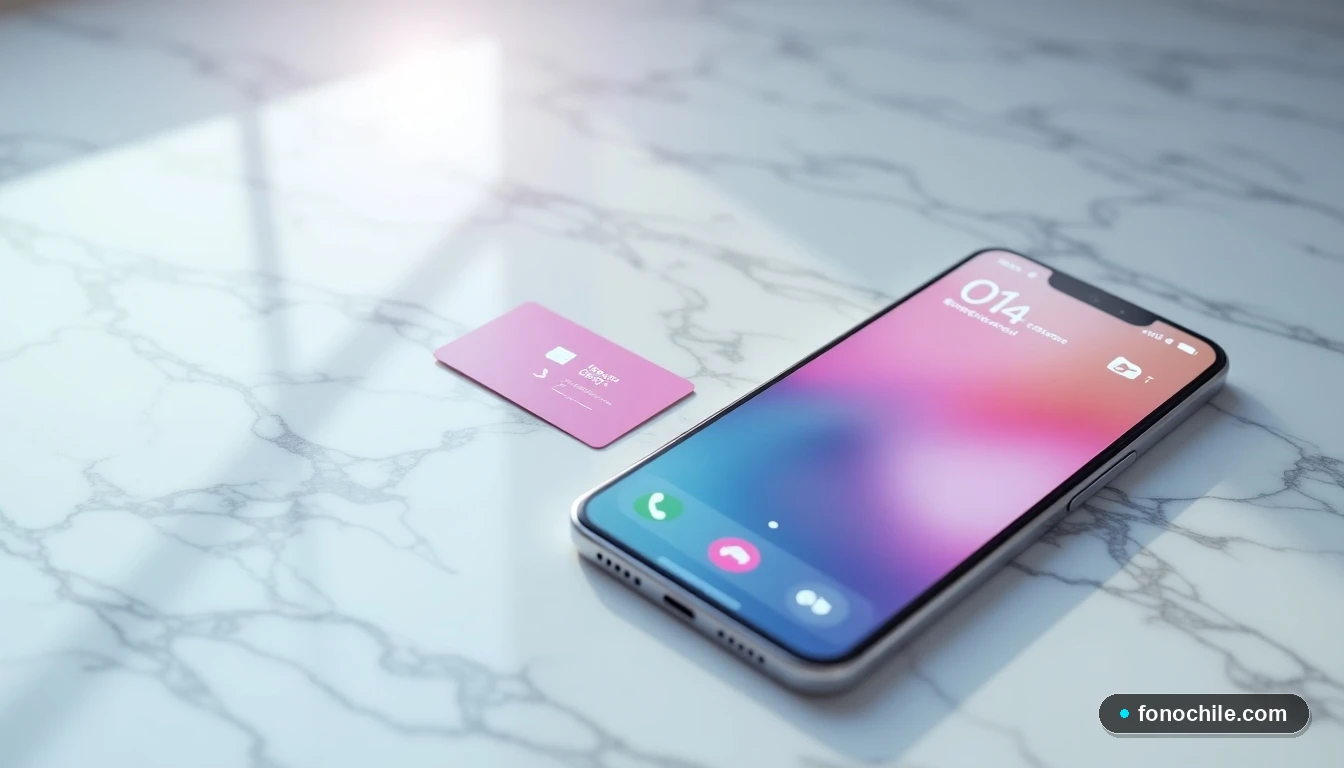 Disposición aérea de una tarjeta SIM y un teléfono inteligente sobre mármol gris, con la pantalla mostrando una interfaz genérica difuminada.