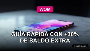 Modern smartphone with abstract data visualization on screen, resting on a minimalist desk, representing a 30% extra balance recharge for WOM 2026.