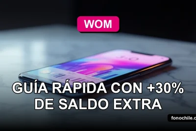 Modern smartphone with abstract data visualization on screen, resting on a minimalist desk, representing a 30% extra balance recharge for WOM 2026.