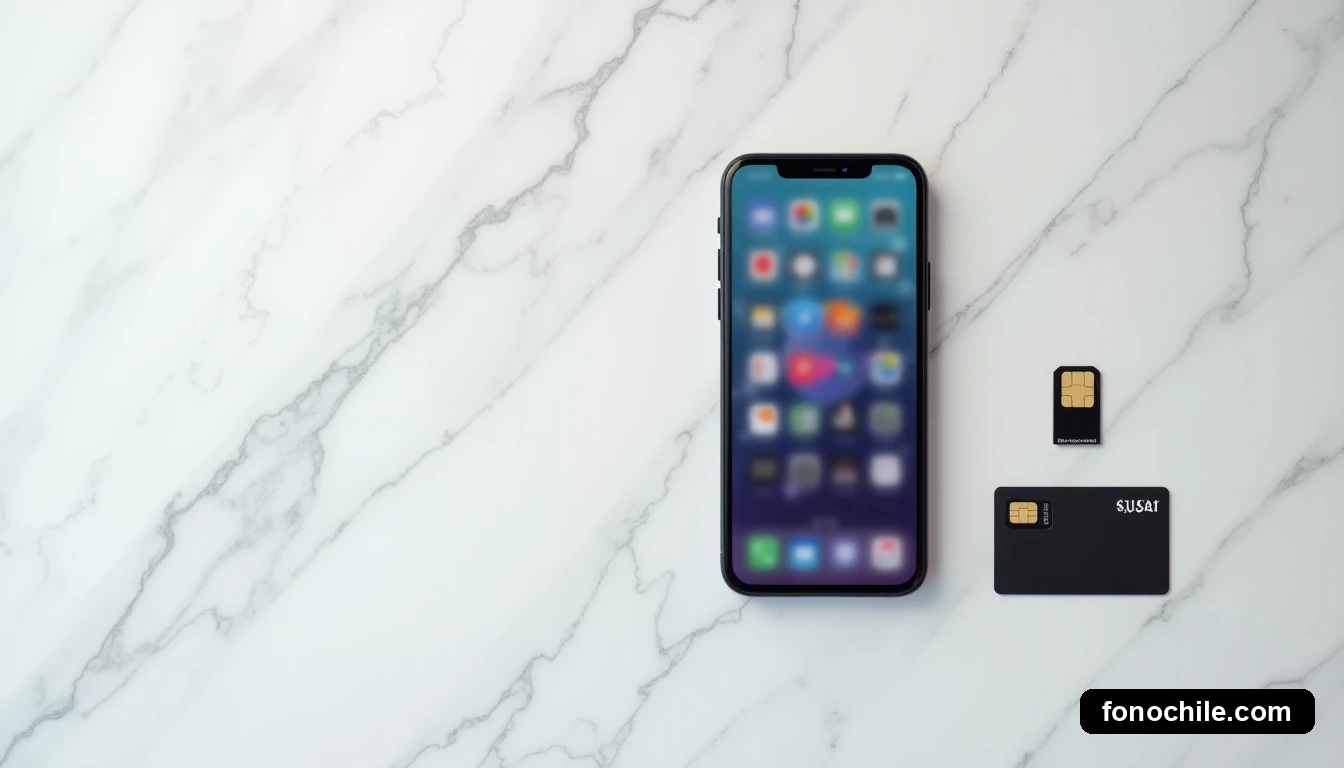 Vista superior de un smartphone, una tarjeta de crédito y un porta SIM, sobre un fondo de mármol blanco, mostrando una interfaz de usuario genérica.