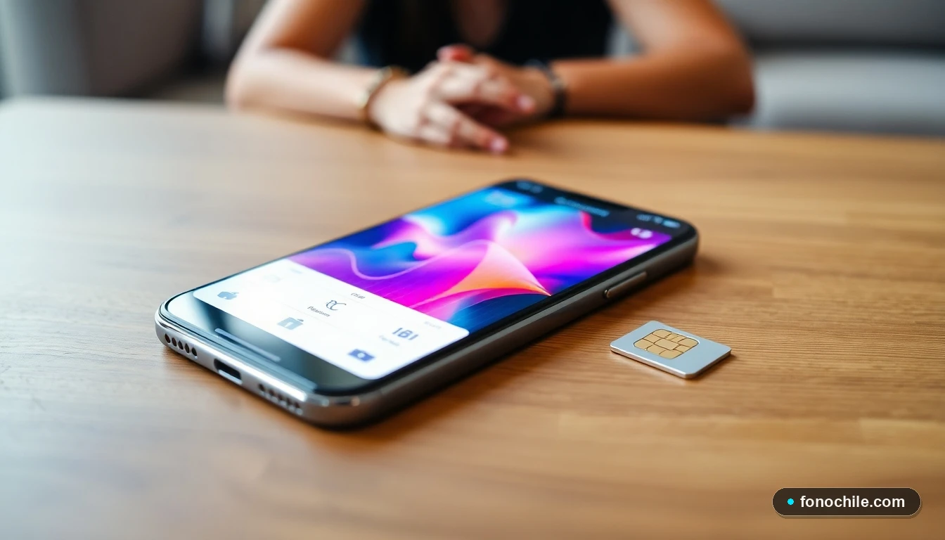 Smartphone mostrando una interfaz abstracta de colores vibrantes que confirma una recarga exitosa, junto a una tarjeta SIM WOM, sobre una mesa de madera.