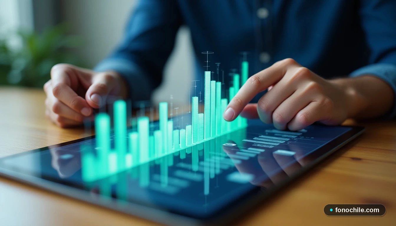 Gráfico abstracto de datos mostrando el aumento en recargas móviles en Chile, visualización de tendencias en colores vibrantes.