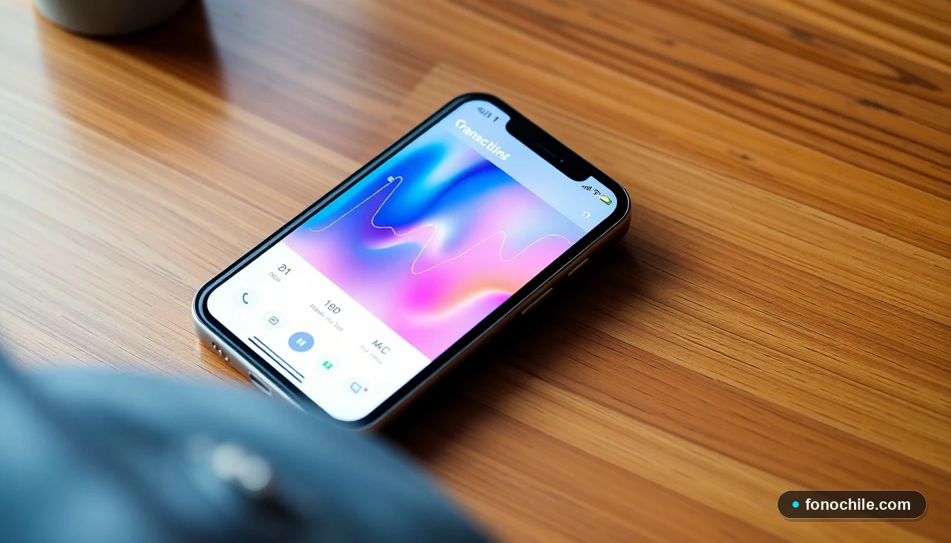 Smartphone mostrando una interfaz abstracta de gráficos de colores, representando una recarga exitosa de servicio prepago.