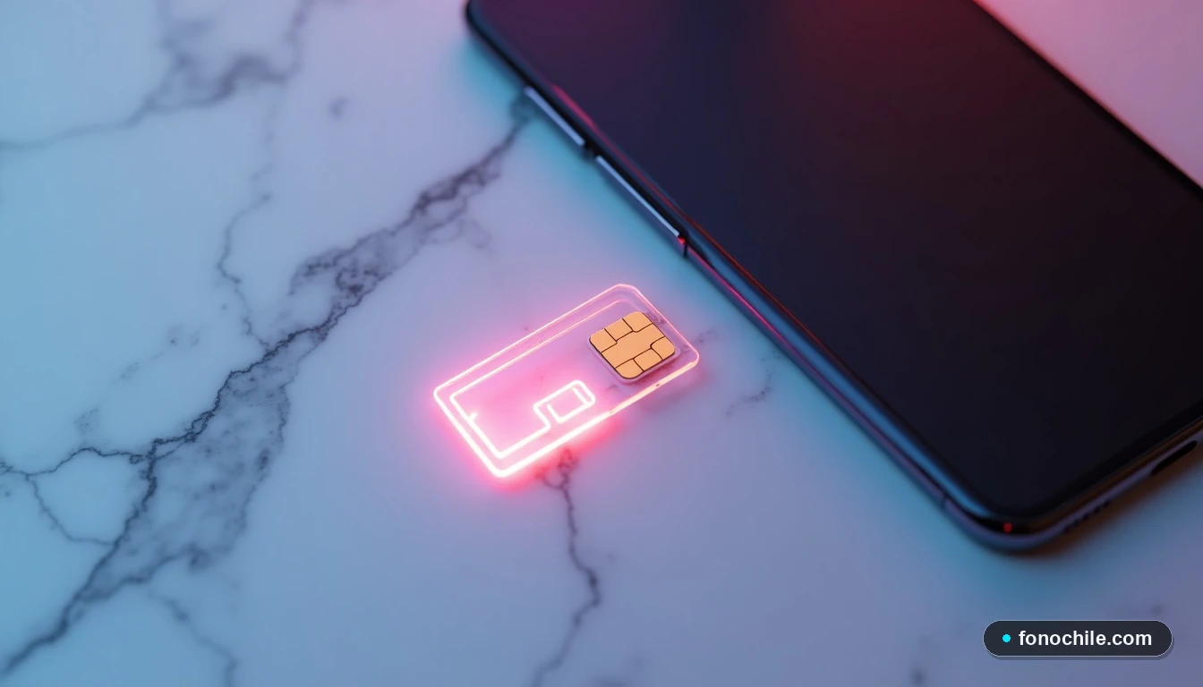 Primer plano de una tarjeta SIM Entel junto a un teléfono inteligente, con un icono holográfico de una batería cargándose proyectado sobre la superficie.